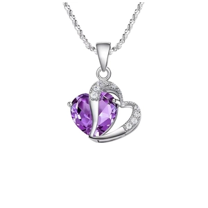 S925 sterling silver heart necklace featuring a purple crystal and zircon accents