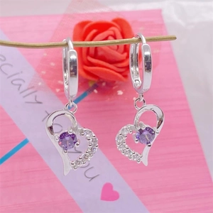 Elegant S925 sterling silver heart earrings with purple gemstone and zircon accents