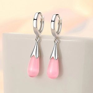 Elegant S925 sterling silver drop earrings featuring pink teardrop cat eye stones