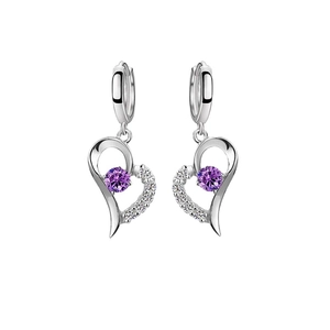 Sparkling S925 sterling silver heart earrings with purple gemstone and hollowed design