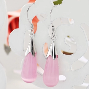 Pink cat eye teardrop earrings in S925 sterling silver with elegant floral metal caps