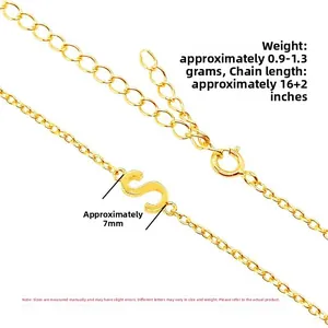 Detail of 7mm gold letter S pendant on 16+2 inch fine chain necklace, 0.9-1.3g