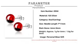 Detail specifications of S925 silver stud earrings with 6mm and 8mm red garnet beads