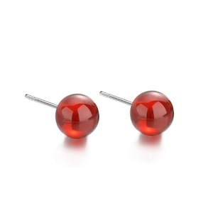 925 Sterling Silver Natural Garnet Red Round Bead Stud Earrings Minimalist Korean Style Jewelry For Women Girls Daily Wear