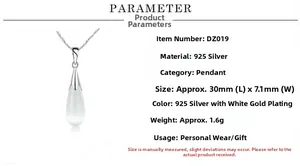 Detailed S925 sterling silver teardrop necklace dimensions showing 30mm by 7.1mm size