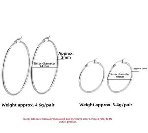 Detailed size chart for 40mm and 60mm silver hollow hoop earrings with 2mm tube thickness