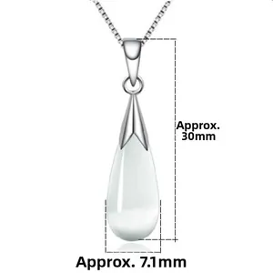 Close-up of S925 silver necklace with teardrop cat eye stone and size dimensions