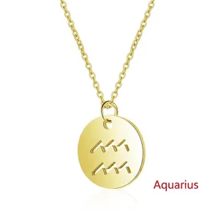 Detail of 925 sterling silver Aquarius zodiac pendant on delicate golden cross chain