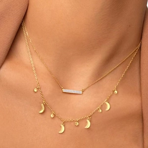 Layered gold S925 sterling silver necklace with sparkling bar and crescent pendants