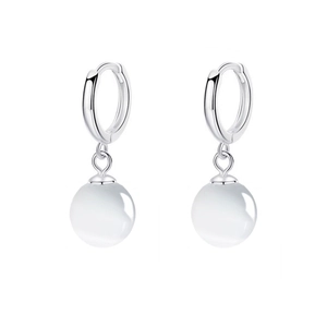 Vintage S925 sterling silver hoop earrings with round white cat eye stone pendants