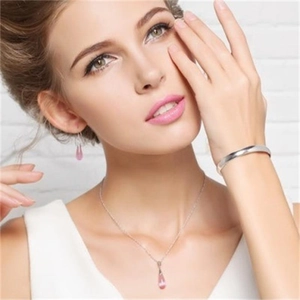 S925 silver necklace set with pink cat eye stone teardrop pendant, earrings and cuff bracelet