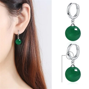 S925 sterling silver hoop earrings featuring polished green agate stone beads for women