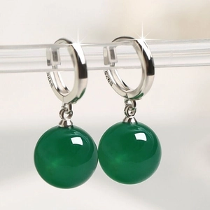 Vintage S925 Sterling Silver Green Agate Hoop Earrings For Women Fashion Elegant Artistic Round Bead Dangle Earrings Jewelry