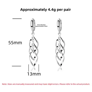 Detail of S925 sterling silver twist drop earrings with 55mm length and 13mm width dimensions
