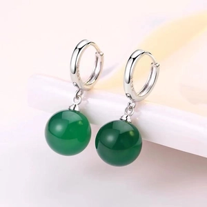 Vintage S925 sterling silver hoop earrings featuring polished green agate beads