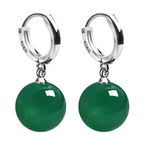 Vintage S925 sterling silver hoop earrings with dark green agate stone pendants
