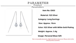 Macro detail of S925 sterling silver long threader earrings with zircon studs