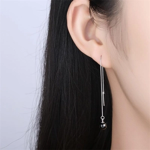Minimalist S925 sterling silver drop thread earrings with polished black onyx bead charm