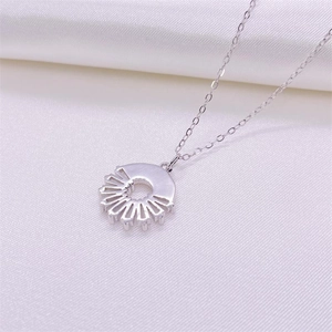 S925 sterling silver fan shaped pendant necklace with sparkling accents on white silk