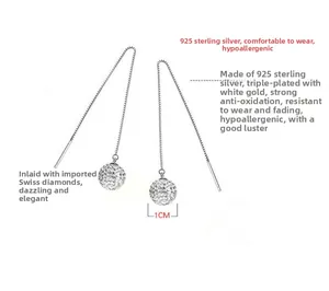 Detail of S925 sterling silver threader earrings with 1cm micro-paved crystal spheres