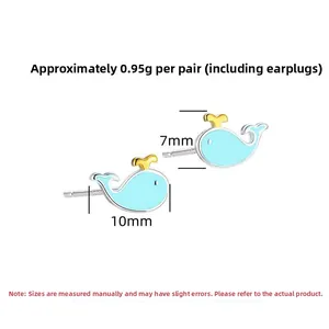 Detailed view of blue whale stud earrings with size markers in millimeters