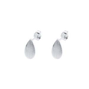 Close-up of S925 sterling silver teardrop studs featuring a brushed matte texture finish