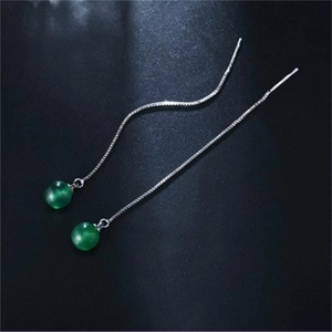 Long S925 sterling silver chain earrings with green agate beads for a minimalist look