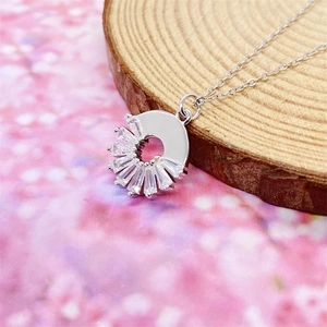 Elegant S925 silver fan-shaped necklace with baguette-cut zircons on wood slice