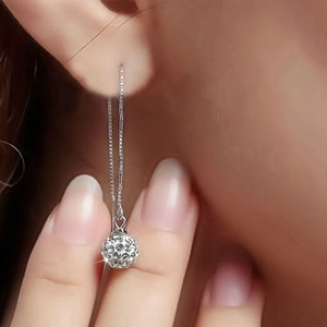 S925 sterling silver long drop earrings with hollow sphere pendant on elegant chain