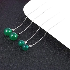 Elegant S925 sterling silver long threader earrings with deep green agate bead pendants