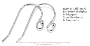 Close-up of S925 sterling silver beaded earring hooks with 0.6mm wire diameter and 925 stamp