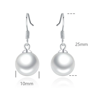 Detailed size view of silver pearl hook earrings showing 25mm height and 10mm pearl diameter