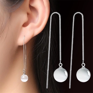 Elegant S925 sterling silver drop earrings with white cat-eye stone on thin box chains