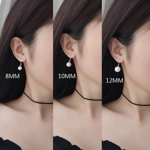 Size comparison of S925 silver pearl drop earrings in 8mm, 10mm, and 12mm diameters