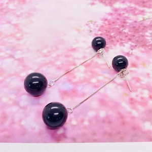 Elegant S925 silver long chain tassel earrings with polished black onyx round beads