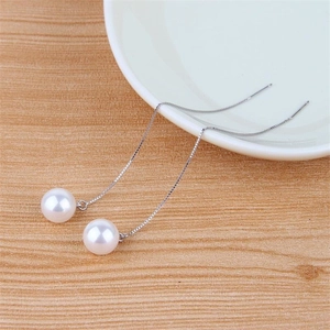 Long S925 sterling silver chain earrings with glossy white shell pearls for women