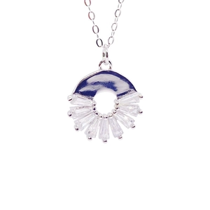 S925 sterling silver fan shaped necklace with sparkling baguette cut white cubic zirconia