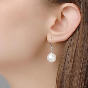Classic S925 sterling silver hook earrings with elegant large round white pearls