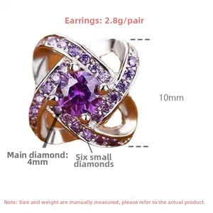 S925 silver knot earrings detail featuring 4mm purple stone and 2.8g weight specs