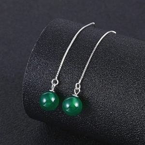 S925 sterling silver drop threader earrings featuring round green agate bead pendants