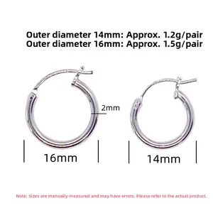 Detailed size guide for 14mm and 16mm S925 sterling silver hoop earrings with 2mm thickness