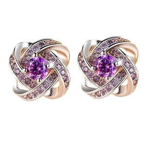 S925 sterling silver clover stud earrings with pavé purple stones and central zircon