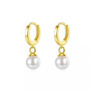 Elegant gold hoop earrings with white round pearls shown on a clean white background