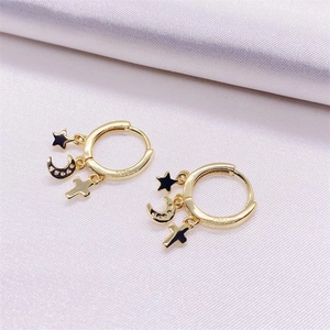 S925 sterling silver gold hoop earrings with star moon and cross pendants for women