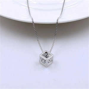S925 sterling silver cube pendant necklace with sparkling crystal stone for women