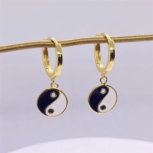 S925 sterling silver gold hoop earrings with black and white Tai Chi Yin Yang pendants