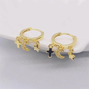 Golden S925 silver hoop earrings with hanging cross, zircon moon and polished star