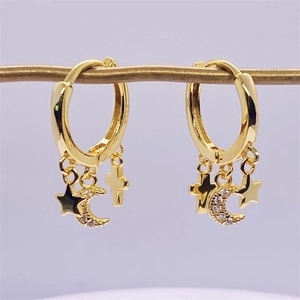 Gold S925 sterling silver hoop earrings featuring star, moon, and cross charms with zircons