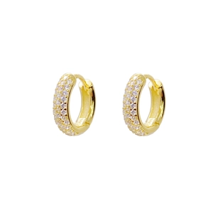 S925 sterling silver gold huggie earrings with three rows of pavé set cubic zirconia