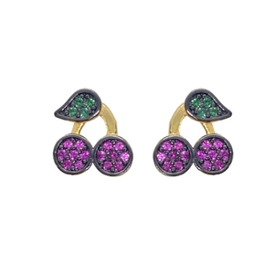 Boucles d'oreilles cerises en argent 925 doré avec cristaux micro-pave violets et verts